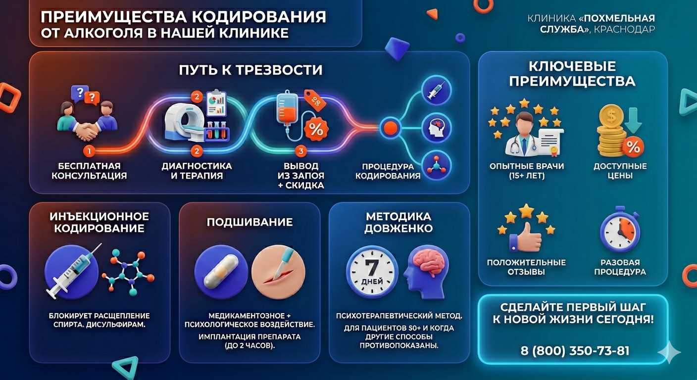 Инфографика о методах кодирования от алкоголя в Екатеринбурге: инъекции, подшивание, метод Довженко. Преимущества клиники и этапы лечения.