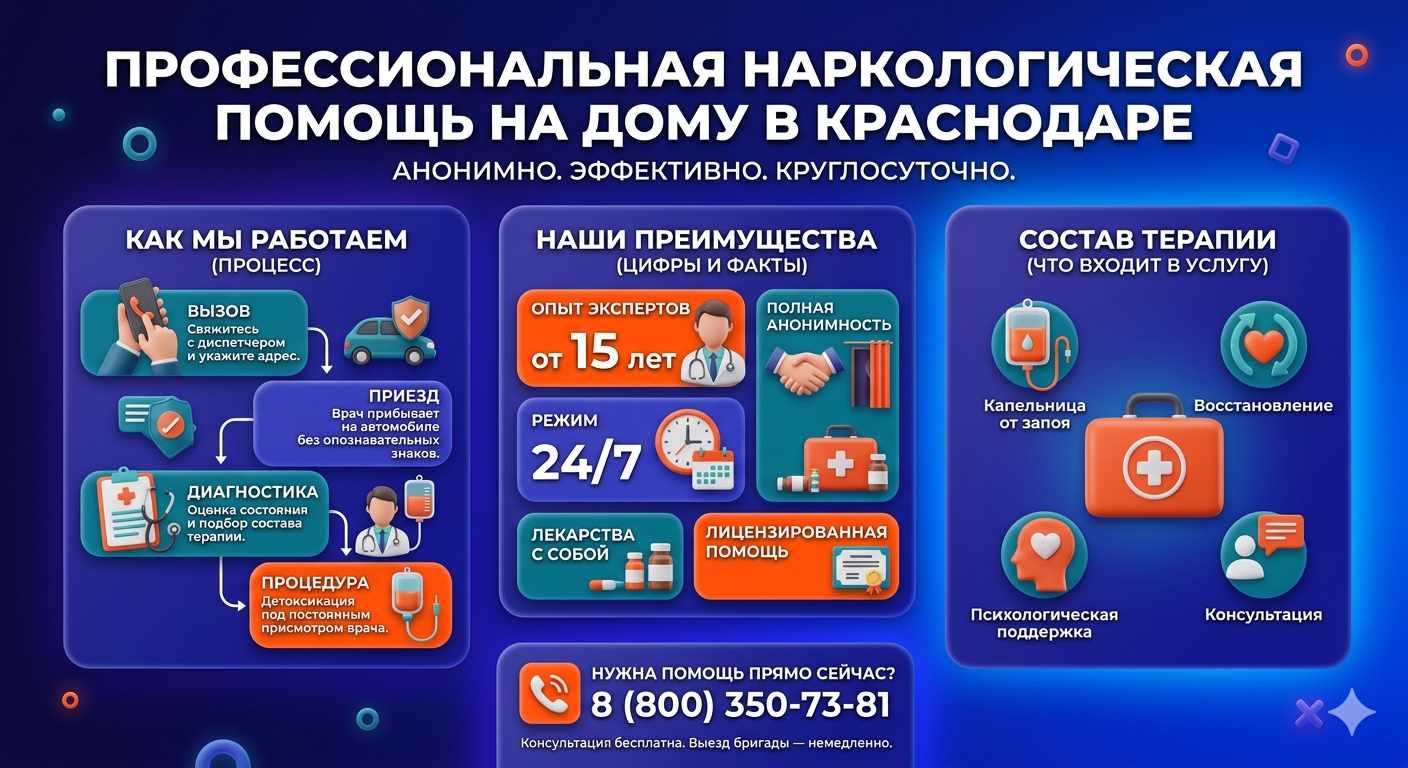 Инфографика о принципах лечения алкоголизма на дому в Екатеринбурге: этапы вызова нарколога, преимущества анонимной детоксикации и состав медицинской помощи.